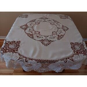 Antique Bobbin Bedfordshire Lace Tableloth Raised Cluny Linen Ivory 59"